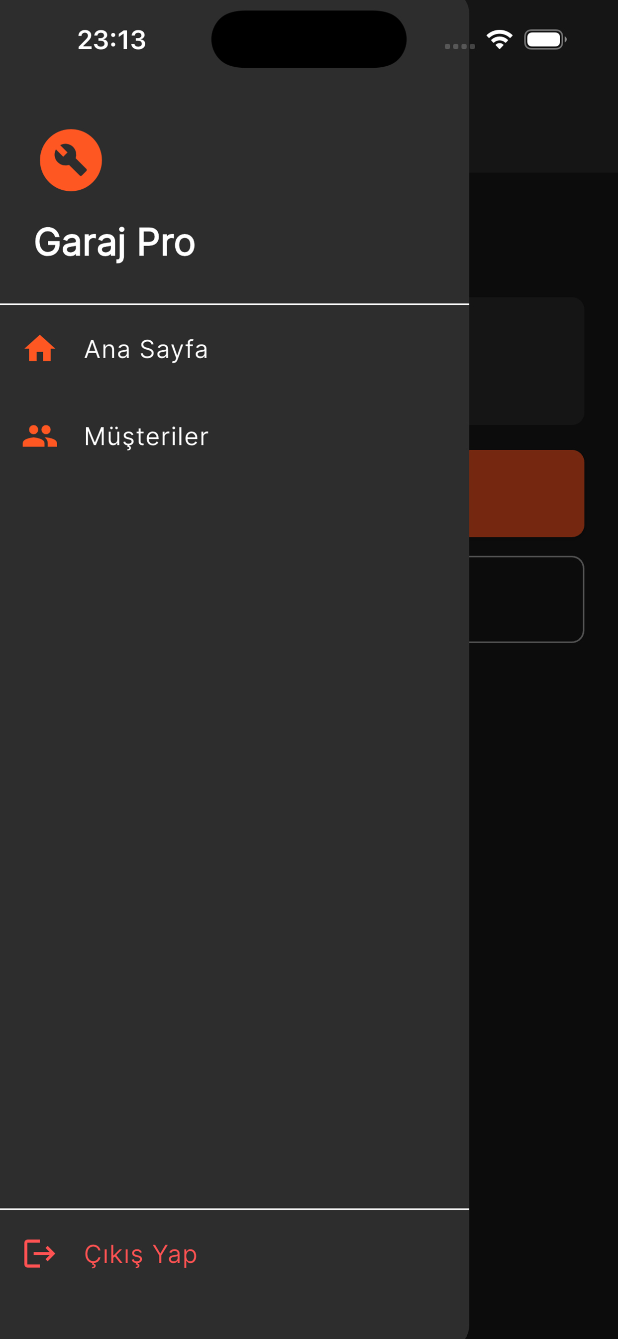 Garaj Pro menü ekranı